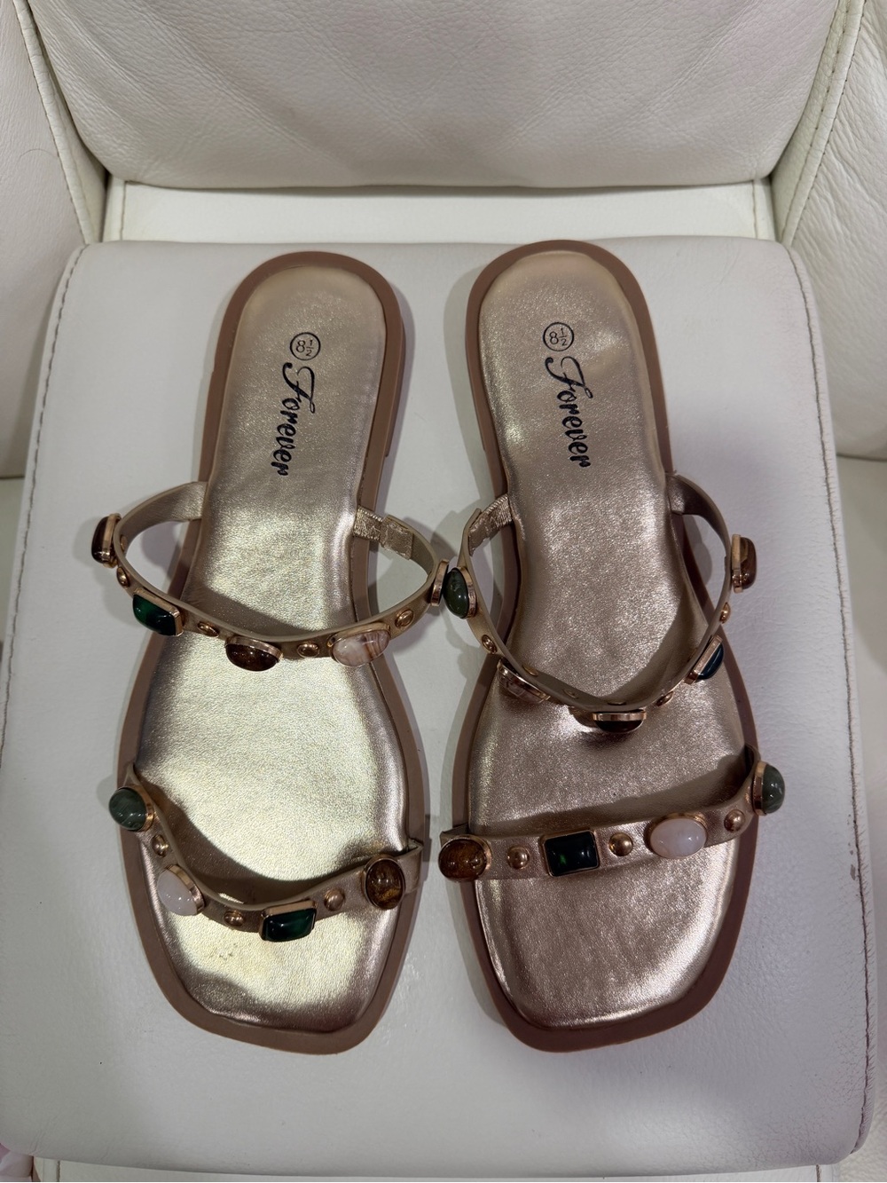 Forever 21 Tan Slide Sandals with Green & Gold Gem Accents. Exellent Condition - Picture 7 of 9